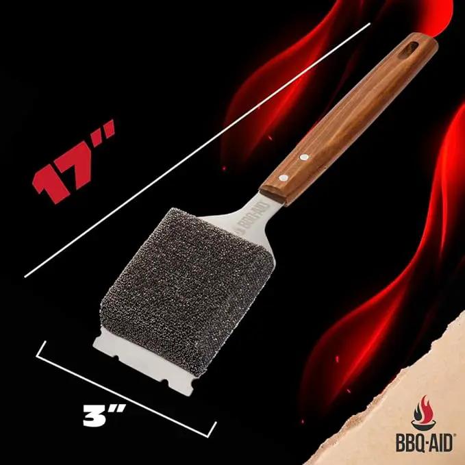 BBQ-AID Bristle Free Grill Brush and Scraper for Barbecue - Extended Large Wooden Handle With Replaceable Head - No Scratch BBQ Cleaning Accessories for Outdoor Grills by GreenHaven Gardens