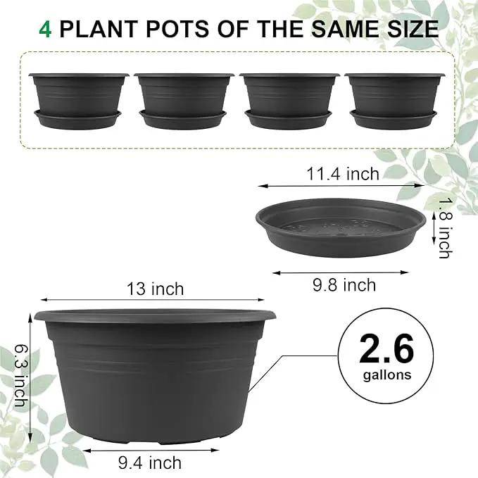 Large Flower Pots Set of 4 Pack 13 inch, Plant Pots Large Outdoor Planters with Drainage Hole & Tray Saucer, Decoration Plastic Pots for Plants for Indoor Outdoor Garden Home Plants Planter (Grey) by GreenHaven Gardens