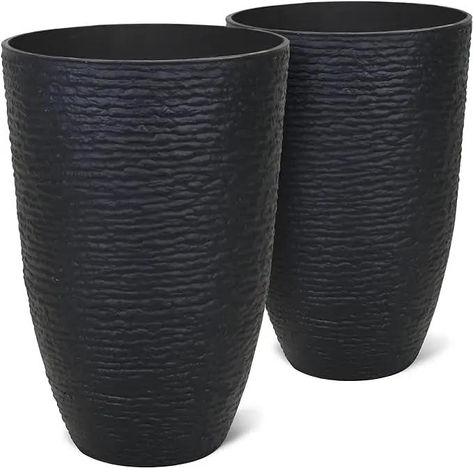 Worth Garden 21" H Tall Planters 2 Pack - 14'' Dia Resin Large Round Black Flower Pots for Outdoor Plants Trees - Imitation Stone Finish Plastic Indoor Front Porch 9 Gallon Decorative Container Patio by GreenHaven Gardens