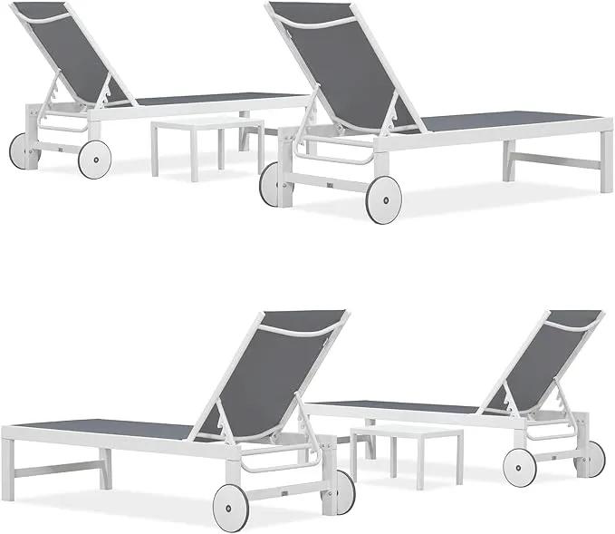 PURPLE LEAF Outdoor Chaise Lounge Staight Legs Adjustable Sunbathing Recliner with Side Table Navy Blue 2 Sets by GreenHaven Gardens