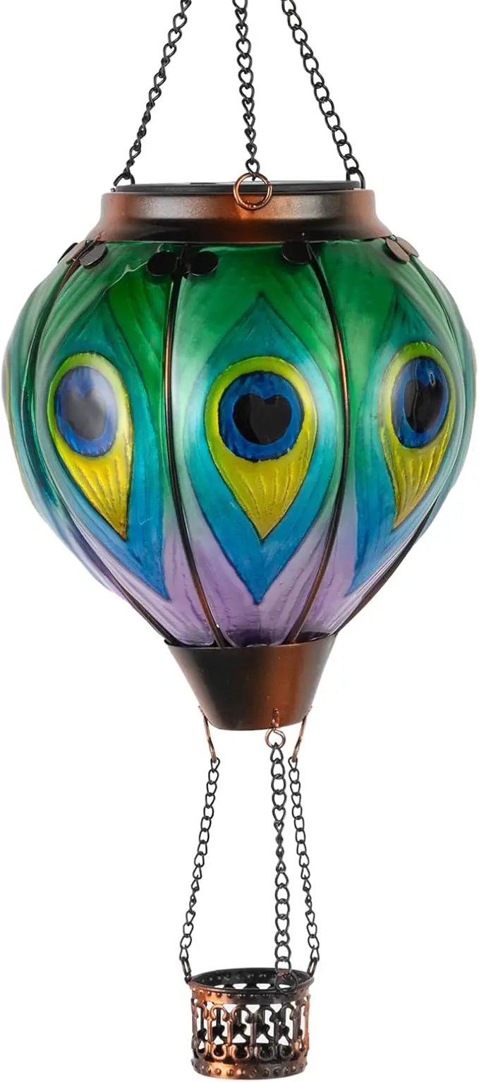 Peacock Hot Air Balloon Hanging Solar Lantern Lights, Flickering Flame Solar LED Candle Lights Outdoor Garden Decorative Metal & Glass Waterproof Lanterns for Yard Patio Farmhouse Decoration by GreenHaven Gardens