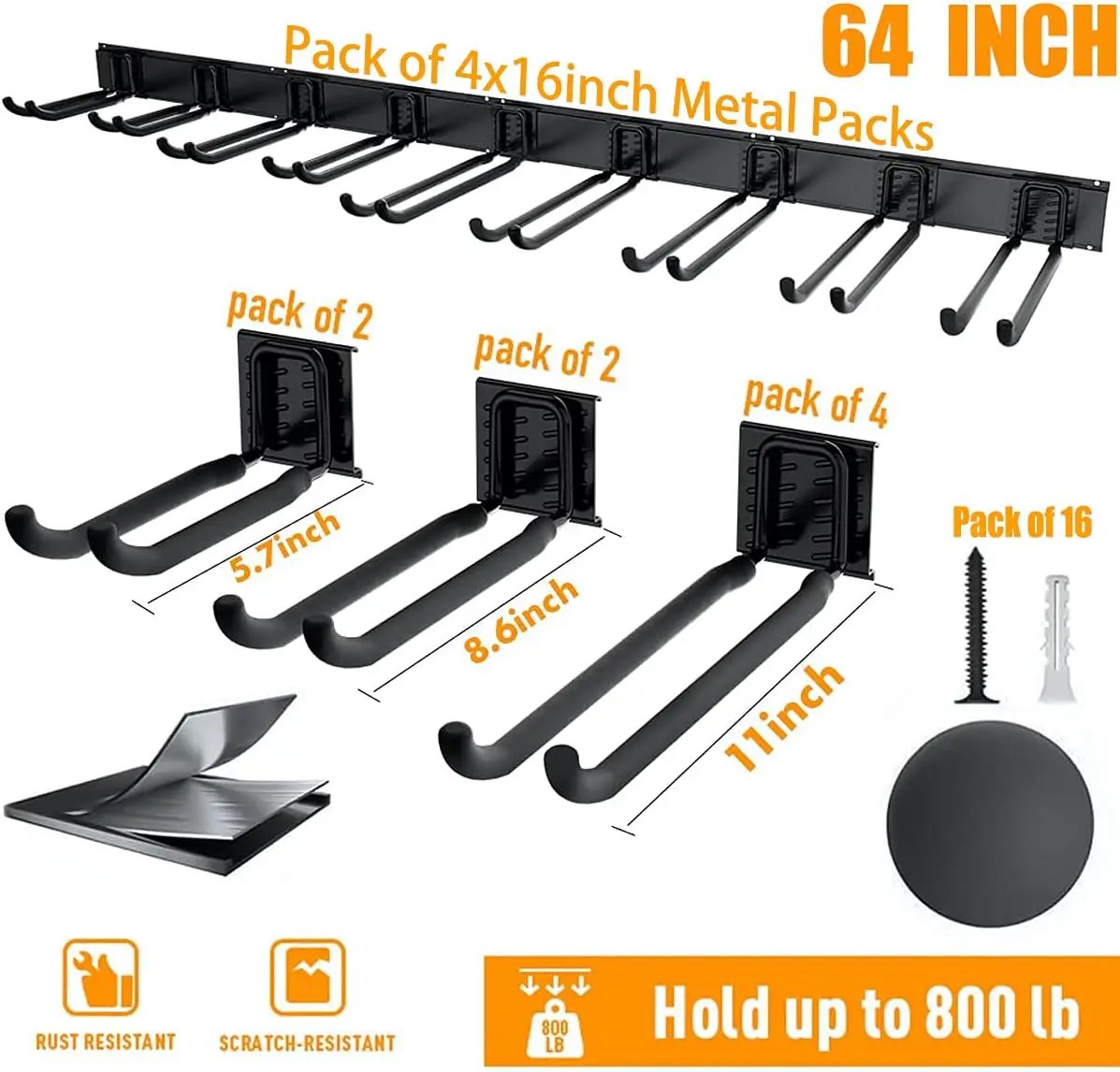 TORACK Tool Storage Rack, Heavy Duty Steel Garage Wall Mount Garden Tool Organizer for Ladders, Chairs, Shovels, Broom, Power tools (8-Pack 5.7"-11" Mixed Hooks, up to 800 lbs) by GreenHaven Gardens