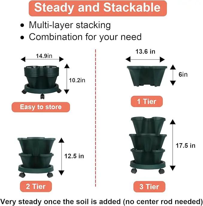 Vertical Planter 3 Tier Stackable Planters Garden Planters Strawberry Herb Flower and Vegetable Planter Indoor Outdoor Gardening Pots with Removable Wheels and Tools 2-Pack by GreenHaven Gardens