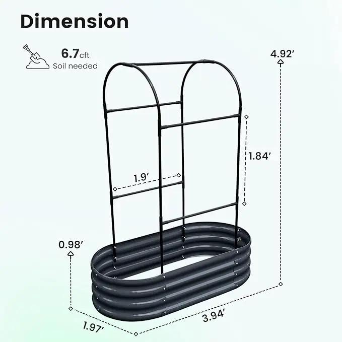 KING BIRD Raised Garden Bed with Arched Trellis Galvanized Planter Garden Box Outdoor for Gardening, Climbing Vegetables, Flowers 3.94x1.97x0.98 Ft, Dark Grey by GreenHaven Gardens