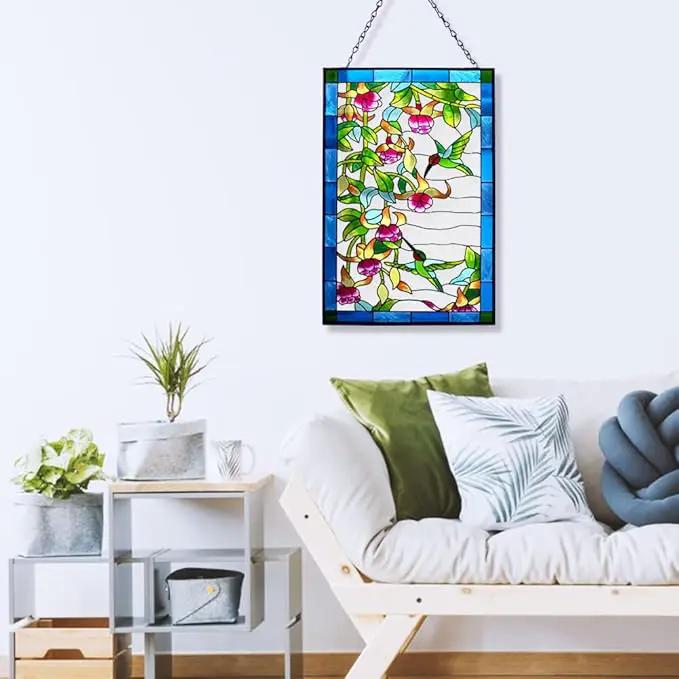 VEWOGARDEN Hummingbird Stained Glass Window Hangings, Bird Suncatcher Panel with Metal Chain for Windows Decor Indoor Outdoor (W10xH15 inch) by GreenHaven Gardens
