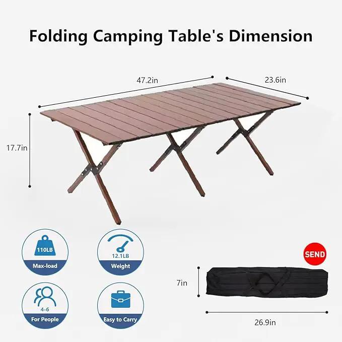 Folding Camping Table, 48Inch Lightweight Roll-Up Table Aluminum Low Portable Picnic Table with Carrying Bag for Outdoor, Beach, Picnic, Backyards, BBQ and Party Walnut Color by GreenHaven Gardens
