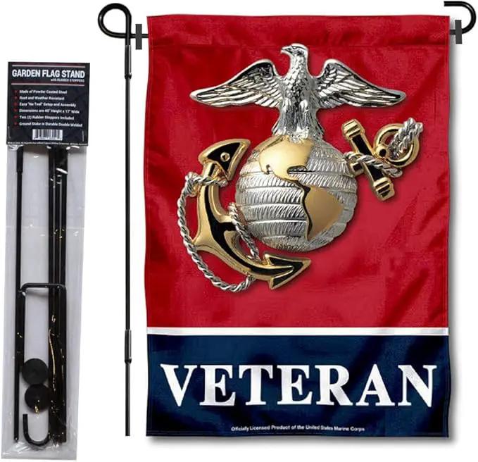 WinCraft Marines Veteran Garden Flag with Stand Holder by GreenHaven Gardens
