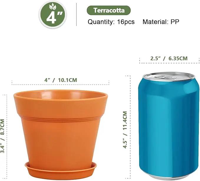 4 inch Small Plastic Nursery Pots, 16 Pack Plant Pots for Indoor Outdoor Plants, Flower Pots with Drainage Holes and Saucers, Decorative Seedling Starter Planters for House Plants, Terracotta by GreenHaven Gardens
