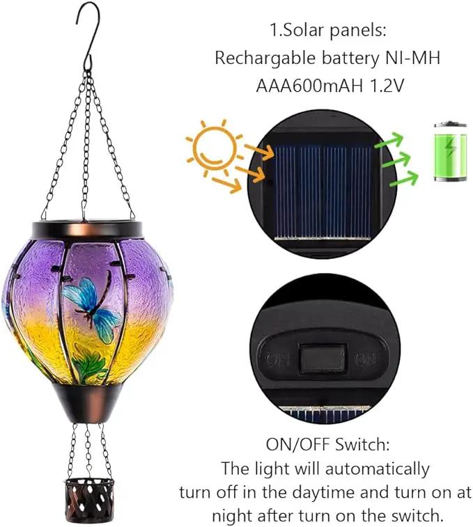 Starsoul Dragonfly Hot Air Balloon Solar Lantern Outdoor Glass Hanging Hot Air Balloon Lantern with Flame Light Waterproof for Patio Pathway Yard Porch Backyard Decor by GreenHaven Gardens