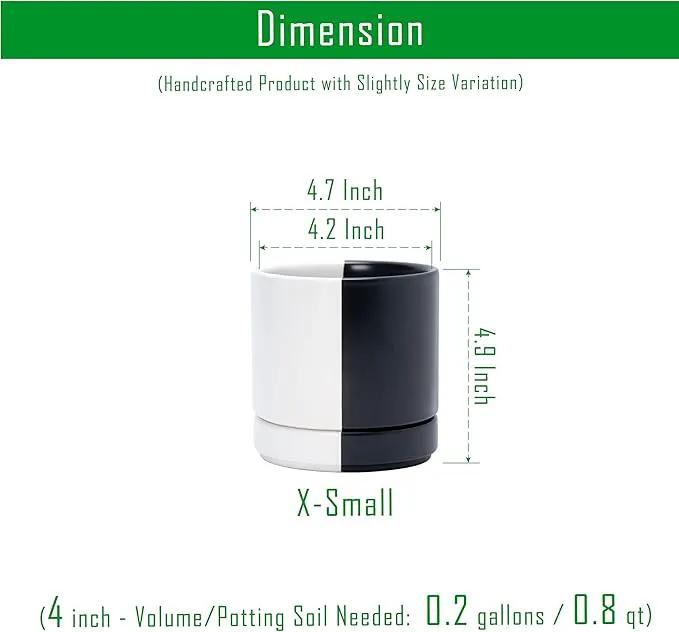 D'vine Dev 4.7 Inch Ceramic Planter Pot with Drainage Hole and Saucer, Indoor Cylinder Round Planter Pot, Split Monochrome Black & White, 94-O-B-0 by GreenHaven Gardens