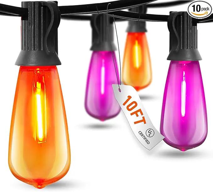 10Ft LED Outdoor String Lights, Halloween Orange Purple Lights with 10 0.6W ST40 LED Bulbs, Waterproof Connectable Patio Lights for Indoor Outdoor Backyard Garden Halloween Christmas Holiday Decor by GreenHaven Gardens