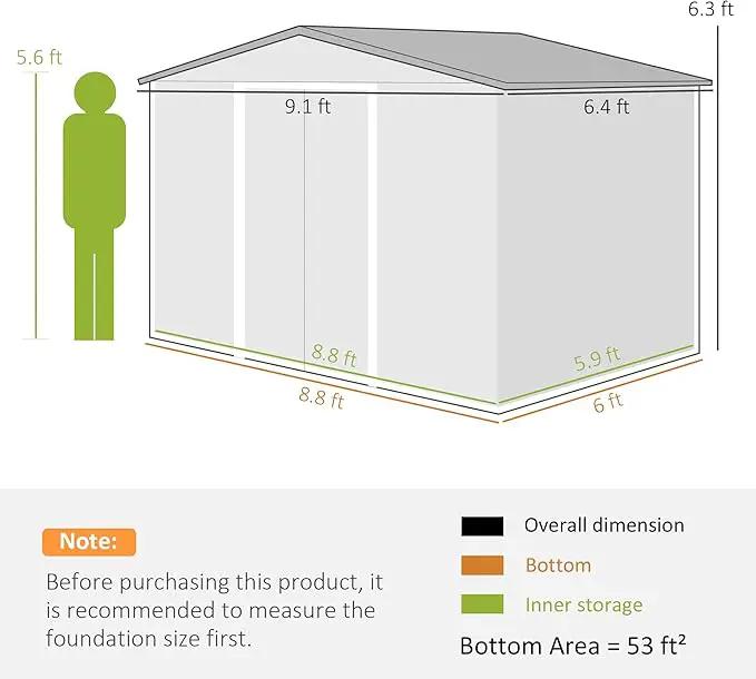 Outsunny 9' x 6' Outdoor Storage Shed, Garden Tool Metal Shed with Foundation Kit, Double Lockable Door, Air Vents and Sloping Roof, for Backyard, Patio, Lawn, Gray by GreenHaven Gardens