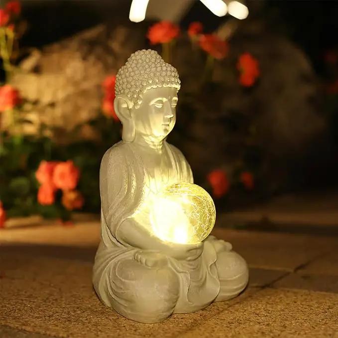 Buddha Garden Statue with Solar Light, Solar Meditating Garden Buddha with Cracked Glass Ball Sculpture-Indoor/Outdoor Decor for Balcony,Garden,Patio,Porch Yard Art Ornament,Gift by GreenHaven Gardens