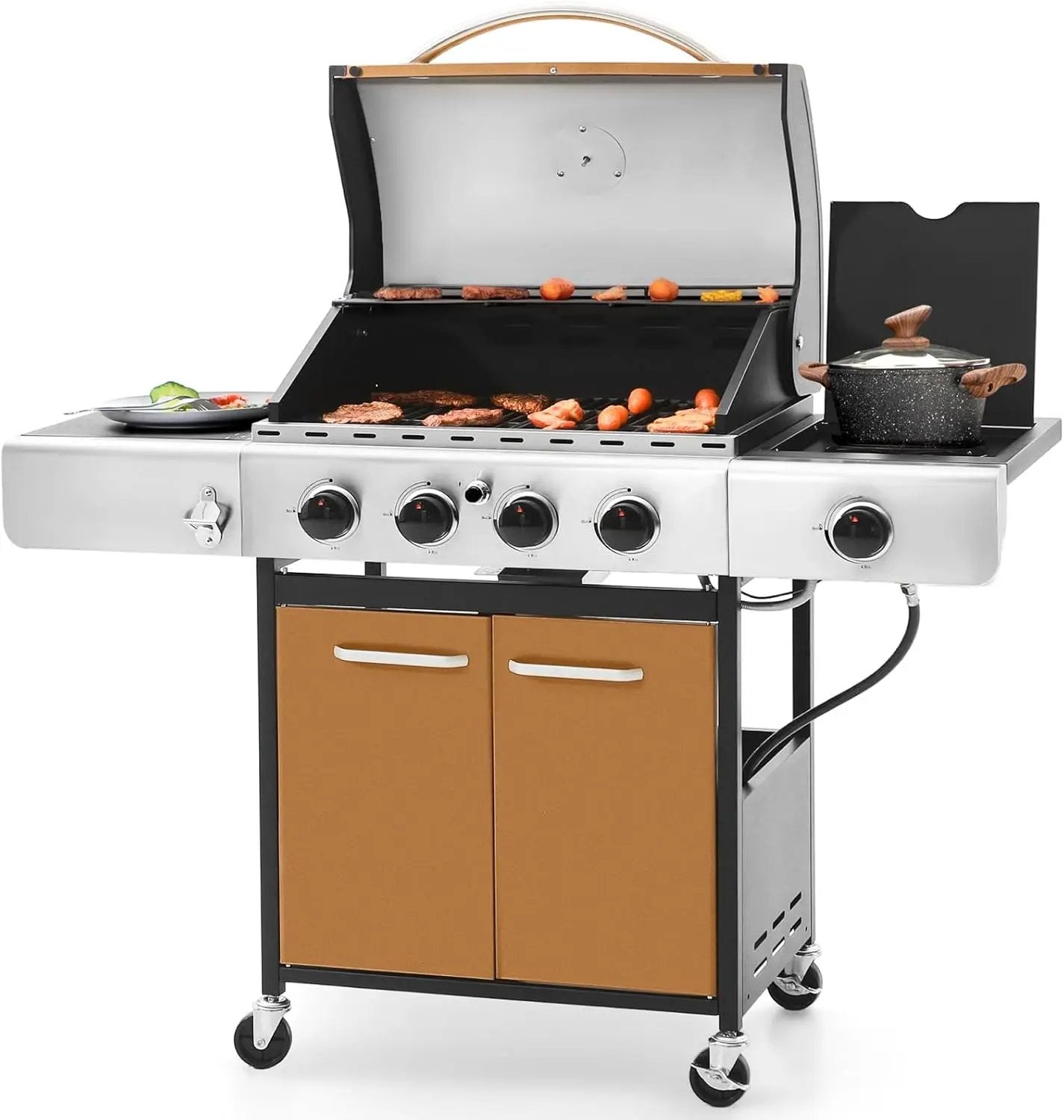 Sophia & William 4-Burner Gas BBQ Grill with Side Burner and Porcelain-Enameled Cast Iron Grates, 42,000BTU Propane Grills Outdoor Cooking Barbecue Grill Cabinet Style, Golden by GreenHaven Gardens