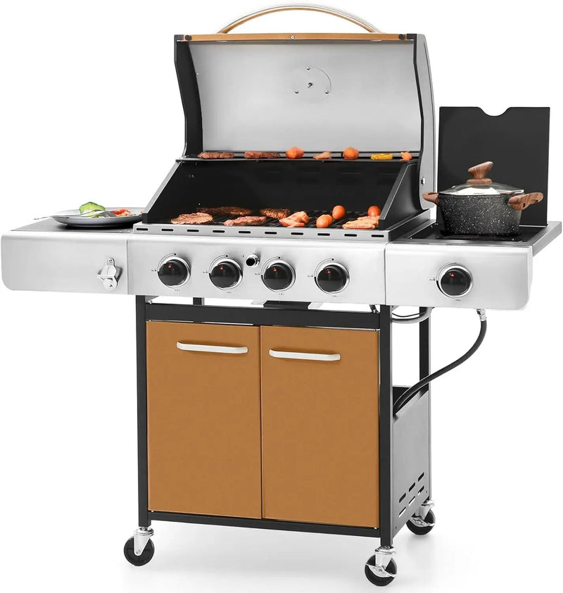 Sophia & William 4-Burner Gas BBQ Grill with Side Burner and Porcelain-Enameled Cast Iron Grates, 42,000BTU Propane Grills Outdoor Cooking Barbecue Grill Cabinet Style, Golden by GreenHaven Gardens