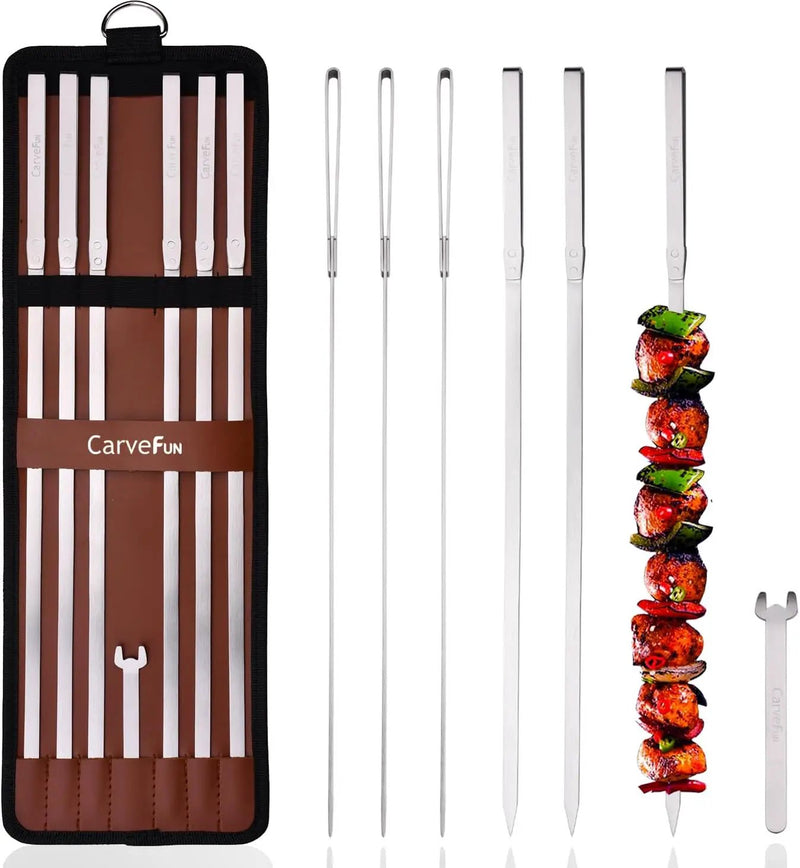 Innovative Thermal Insulation Handle BBQ Skewers Set - 6 Stainless Steel Wide BBQ Kebob Sticks For Grill - Flat Metal With 1 Food Remover Bar - 16.7' Inch Metal Kabob Skewers by GreenHaven Gardens