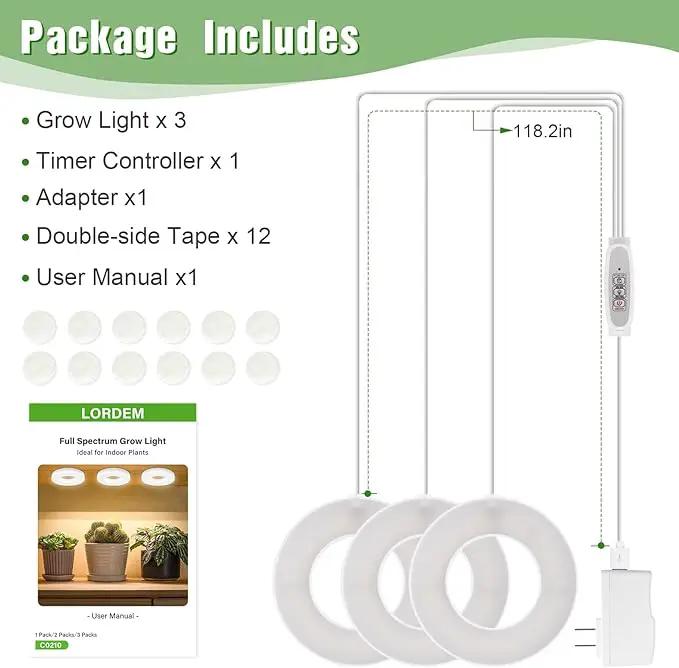 LORDEM Ceiling Grow Light for Indoor Plants, 144 LEDs Full Spectrum LED Plant Light, 5V Plant Lamp with 4/8/12H Auto Switch, 4 Dimmable Brightness Levels, Ideal for Small Plants, Tri Head, Corded by GreenHaven Gardens