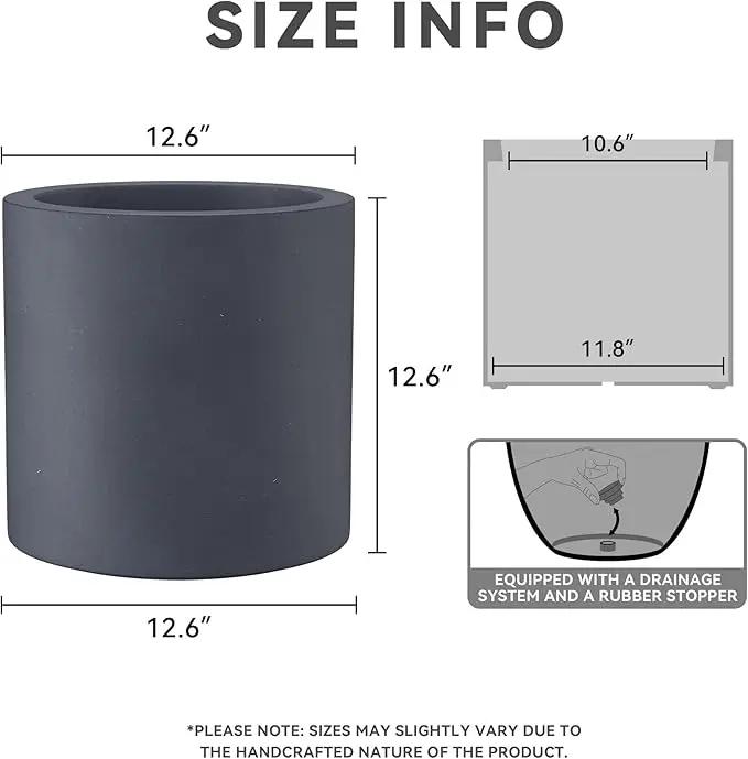 Kante 12.6" Dia Round Concrete Planter, Modern Style Large Cylindrical Plant Pot with Drainage Hole and Rubber Plug for Indoor Outdoor Patio, Charcoal by GreenHaven Gardens