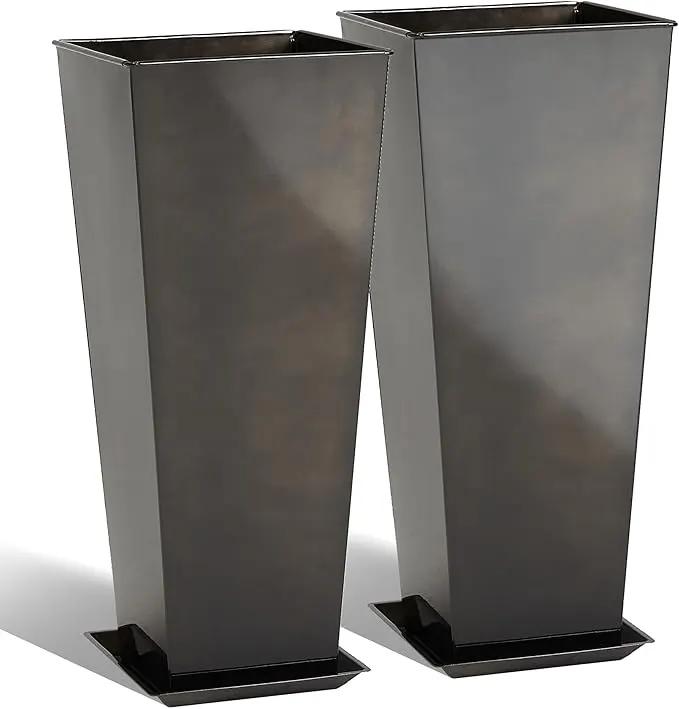 KOL 28''H. Tall Galvanized Steel Glazed Planter with Insert, Set of 2, Planter Pots for Indoor & Outdoor Use, Decorative Flower Plant Pots with Drainage Hole for Front Porch, Patio, Deck - Black by GreenHaven Gardens