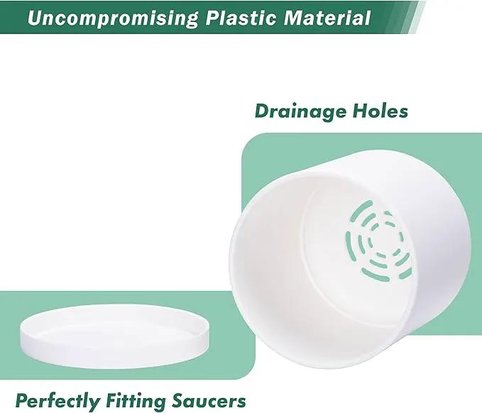 D'vine Dev 4 Pack 6.5 Inch Modern Plastic Plant Pots, Small Garden Planters for Plant with Drainage Holes and Saucers, White Color, 74-Z-L-2 by GreenHaven Gardens