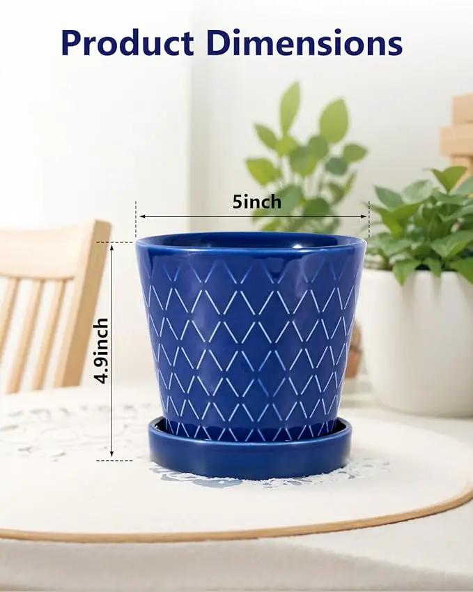 Ceramic Plant Pots –5 inch Indoor Flower Pot with Drainage Hole and Ceramic Tray - Gardening Home Desktop Office Windowsill Decoration Gift, Set of 4-Plants NOT Included(Blue) by GreenHaven Gardens