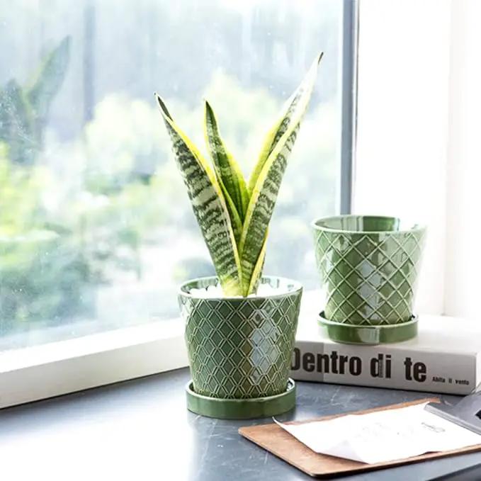 Plant Pots Indoor –5 inch Ceramic Flower Pot with Drainage Hole and Ceramic Tray - Gardening Home Desktop Office Windowsill Decoration Gift, Set of 4-Plants NOT Included (Patina) by GreenHaven Gardens