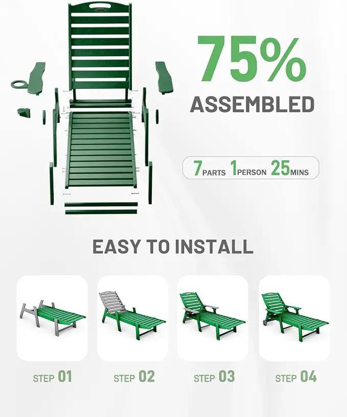 Lounge Chair Outdoor Set of 2, 6-Position Adjustable Chaise Lounge Outdoor with Wheels, Lounge Chair with Cup Holder for Pool Poolside Deck Backyard Patio, Green by GreenHaven Gardens