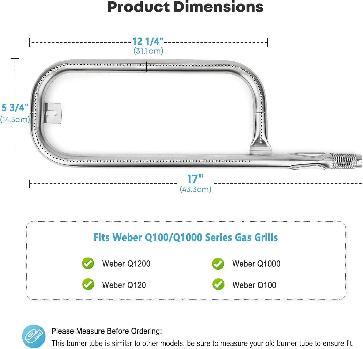 Stanbroil 17 Inch Grill Burner Tube for Weber Q1200, Q1000, Q100, Q120, Baby Q Gas Grill, 304 Stainless Steel 69957 Burner Tube for Weber 386001, 386002, 516002, 516001, 50060001, 51060001 by GreenHaven Gardens