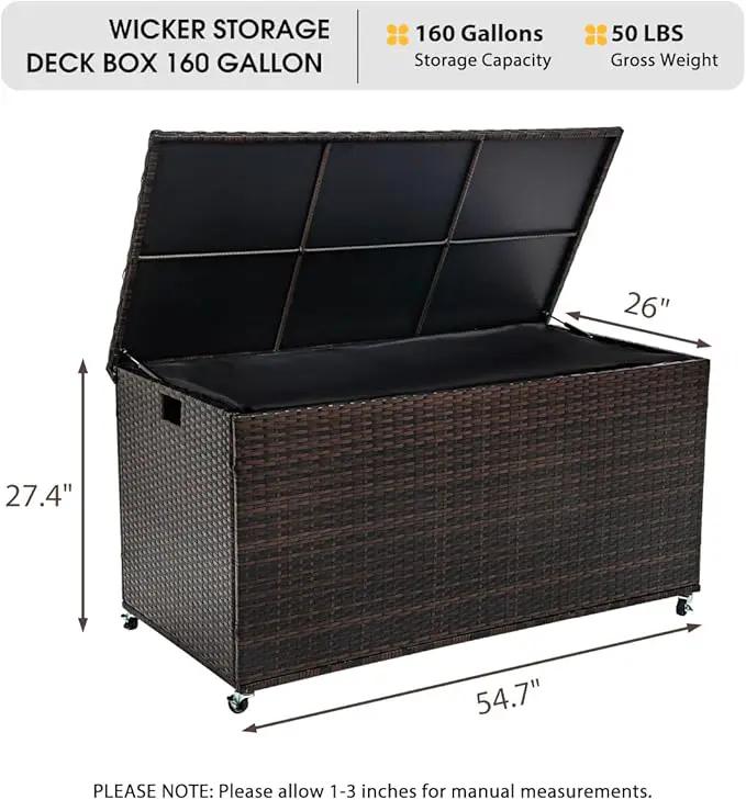 Outdoor 170 Gallon Water-Resistant Wicker Storage Box with Wheels, PE Rattan Deck Box with Waterproof Liner for Outside, Patio Storage Container with Hinged Lid, Horizontal Bin, Brown by GreenHaven Gardens