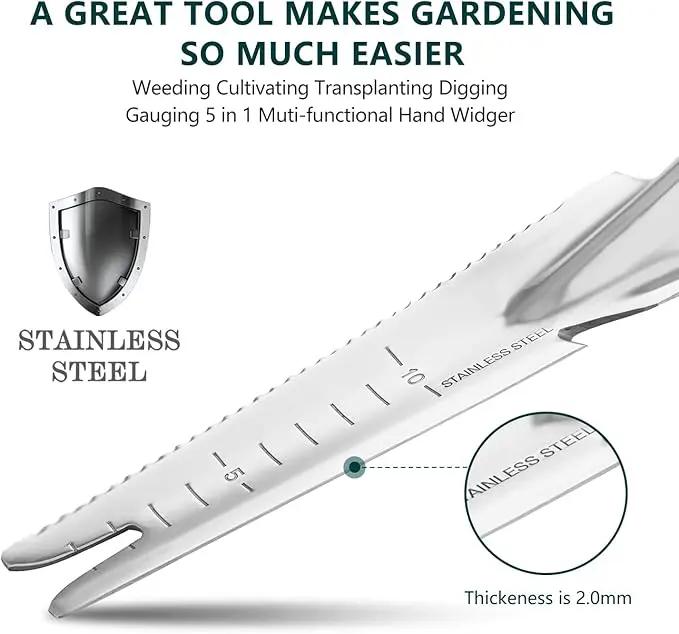 Berry&Bird Garden Hand Weeding Trowel, Stainless Steel Weeder Tool for Gardening with Wooden Handle, Multifunctional Manual Weed Puller & Digging Knife for Planting Transplanting Cutting Measuring by GreenHaven Gardens