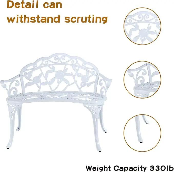 JARDIN DE CENTENNIAL Patio Garden Bench Metal Park Bench Cast Aluminum Outdoor Furniture with Floral Rose for Patio,Park,Lawn,Yard (White) by GreenHaven Gardens