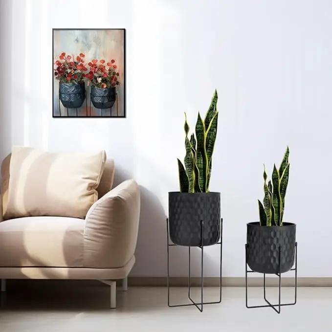 TRIROCKS Set of 2 Planters with Stand Indoor Outdoor Metal Plant Stand 8 * 18 &7 * 12 "Modern Planters Flower Pots for Living Room Corner Kitchen Office Garden Balcony Patio Decor(Black) by GreenHaven Gardens