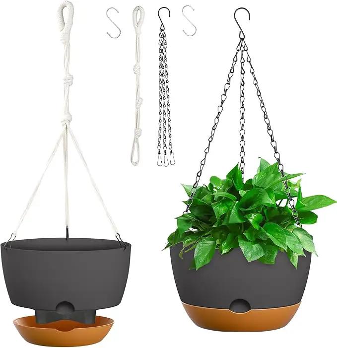 8 Inch Hanging Planters for Indoor & Outdoor Plants (2 Pack) - Self-Watering & Drainage Flower Pots with 2 Kinds of Plant Hangers for Home Decor & Garden (Deep Gray, 8 in) by GreenHaven Gardens