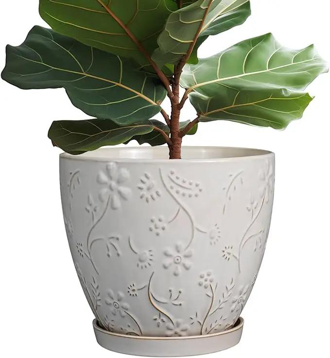 10 Inch Plant Pot Ceramic Planter Pot with Drainage Hole and Saucer Round Planter Large Flower Pot for Indoor Outdoor Plants Home Garden Decor White by GreenHaven Gardens