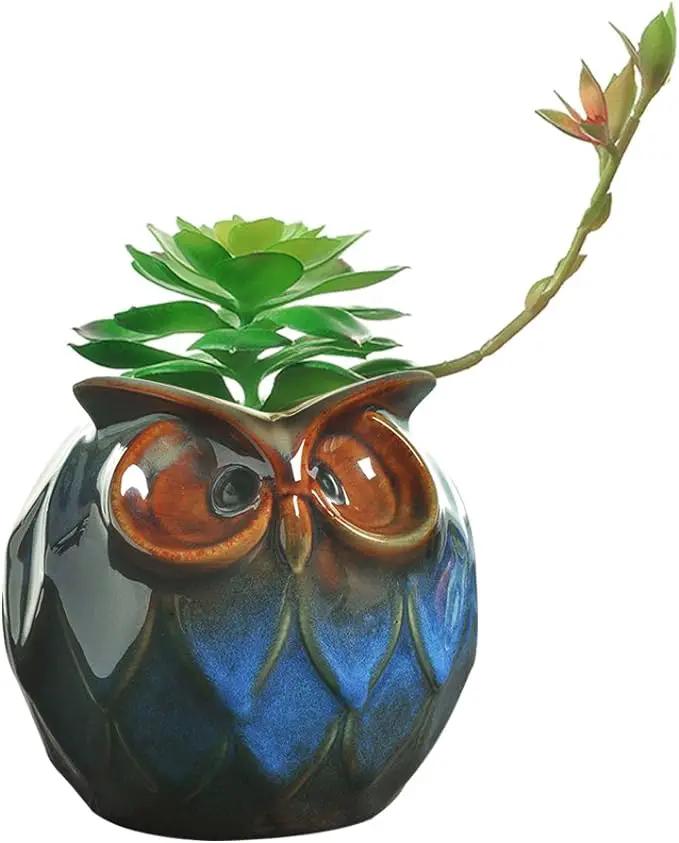 GeLive Blue Owl Ceramic Succulent Planter with Drainage Hole Animal Plant Pot Tabletop Decoration Vase Window Box Indoor Outdoor Decor (Blue) by GreenHaven Gardens