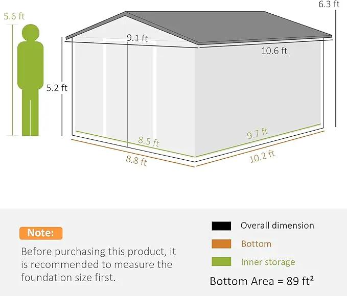 Outsunny 11' x 9' Outdoor Storage Shed, Garden Tool Metal Shed with Foundation Kit, Double Lockable Door, Air Vents and Sloping Roof, for Backyard, Patio, Lawn, Gray by GreenHaven Gardens