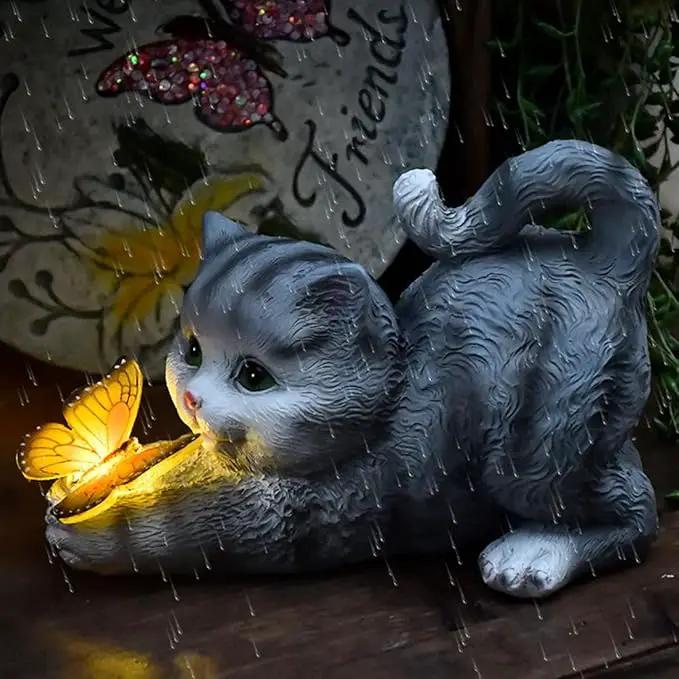 Solar Garden Statue Cat,Garden Figurine Outdoor Decoration with Cat Holding Butterfly for Yard,Patio,Lawn Art Decoration,Housewarming Gift by GreenHaven Gardens