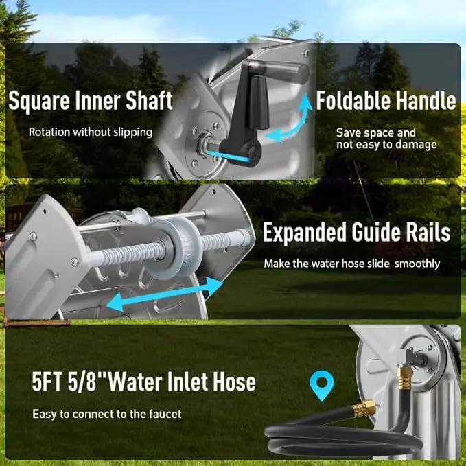 GREENER Stainless Steel Hose Reel For Outside,Wall Mount Garden Hose Holder Heavy Duty Metal Water Hose Reel, 3/4" Solid Connector with 5/8" Inlet Hose and Crank,80-Feet 1/2" Capacity by GreenHaven Gardens