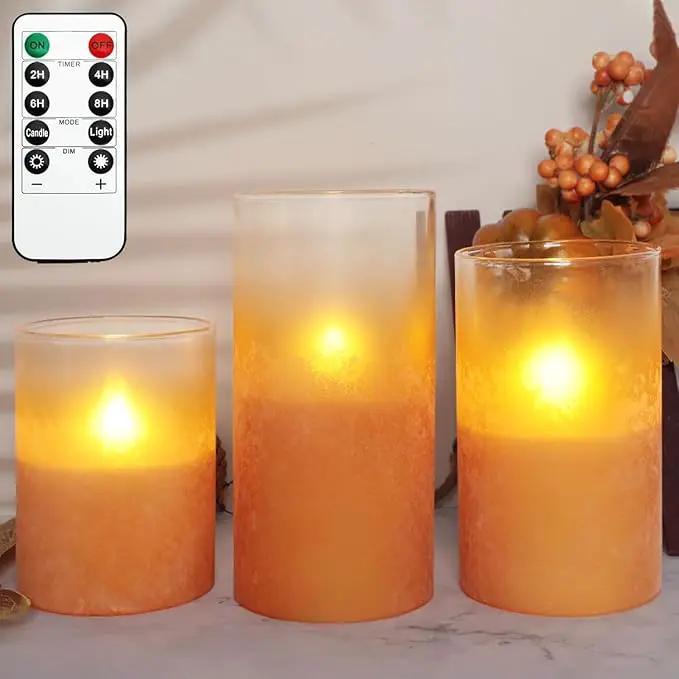 Orange Flameless Candles - Battery Operated Candles with Remote Orange Glass Sandblasted Design Wax Unscented - Centerpieces for Dinner Table Tray House Warming Thanksgiving Gifts by GreenHaven Gardens