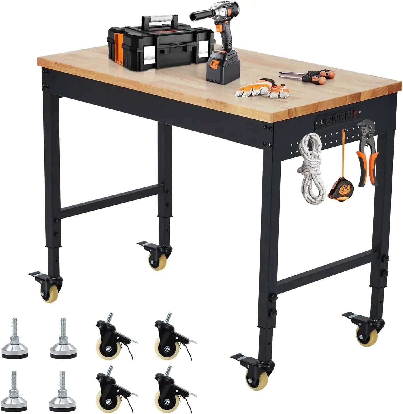 48x24 Inch Garage Workbench with Wheels, Adjustable Rubber Wood Top Garage Workbench with Power Outlet, 2000 Lbs Load Capacity for Workshop, Woodworking, Office by GreenHaven Gardens