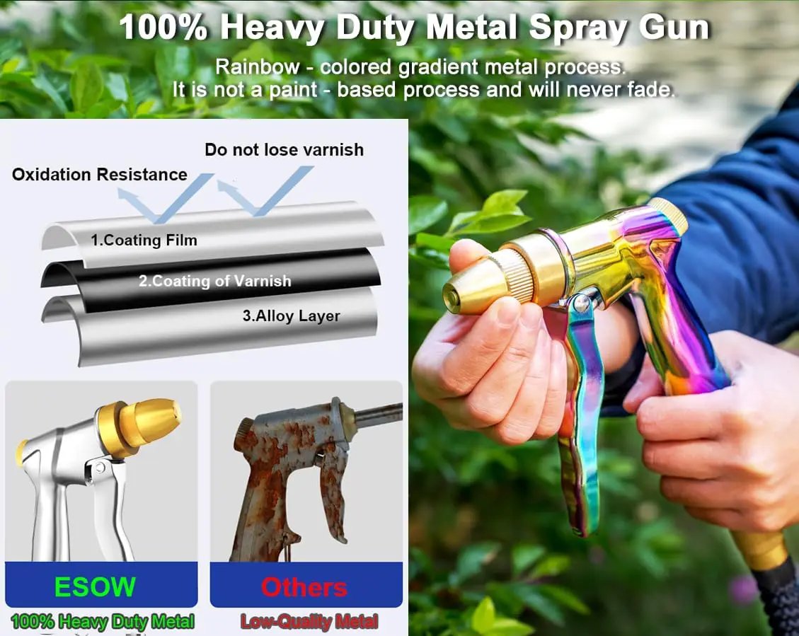 ESOW Heavy Duty Metal Garden Hose Nozzle, High Pressure Water Hose Nozzle with 4 Spray Patterns Rotating, Ideal for Outdoor Lawn & Garden Watering, Car & Pet Washing, Rainbow by GreenHaven Gardens