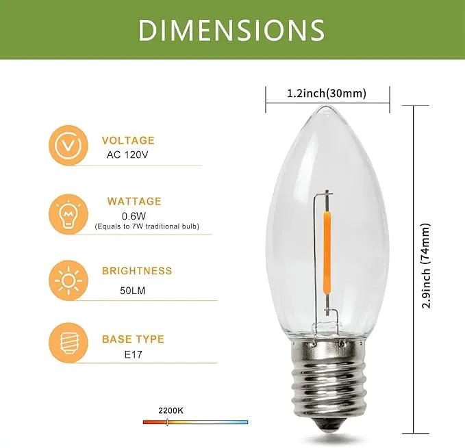 Waterproof C9 Replacement LED Light Bulbs –0.6W Equivalent to 7W, White Warm 2200K Outdoor String Lights E17 Base LED Light Bulbs, Clear Plastic, 25Pack by GreenHaven Gardens