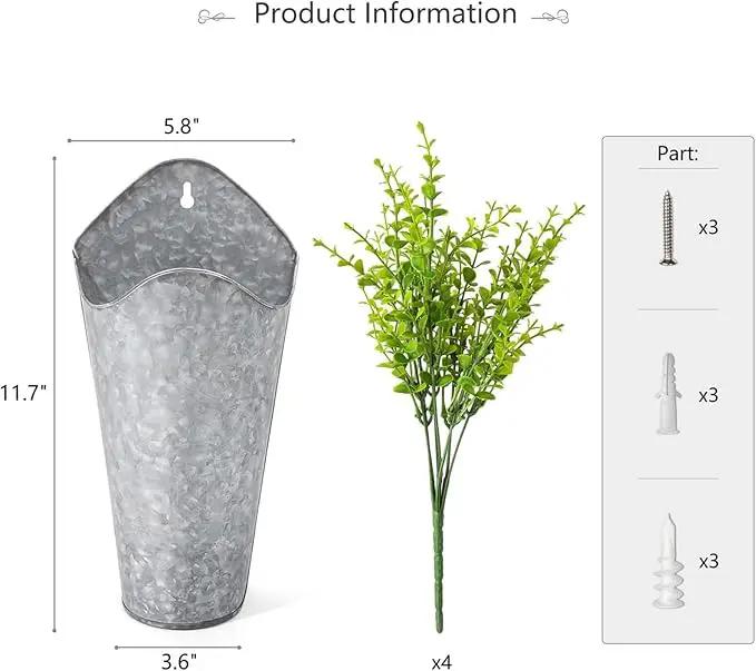 Dahey 2 Pack Galvanized Metal Wall Planter with Artificial Eucalyptus Farmhouse Decor Hanging Wall Vase Planters Flowers Holder for Country Rustic Home Wall Decor,Silver by GreenHaven Gardens
