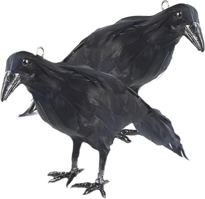 Hanging Dead Crows, 13 Inches Life-Size Raven, Realistic Handmade Fake Decoy for Garden Christmas Halloween Decorations [Face Up+Face Down+Stand] 2PC by GreenHaven Gardens
