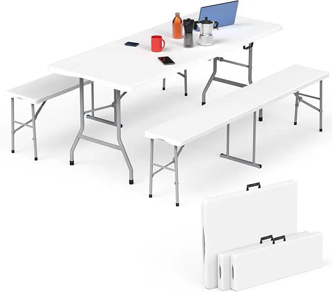 HLPB Folding Table Picnic Table Set, 6 ft Camping Table with 2 Benches, Outdoor Indoor Portable Folding Furniture for Working Meeting Party, Camping, Picnic, Weddings w/Handle and Safety Locks, White by GreenHaven Gardens