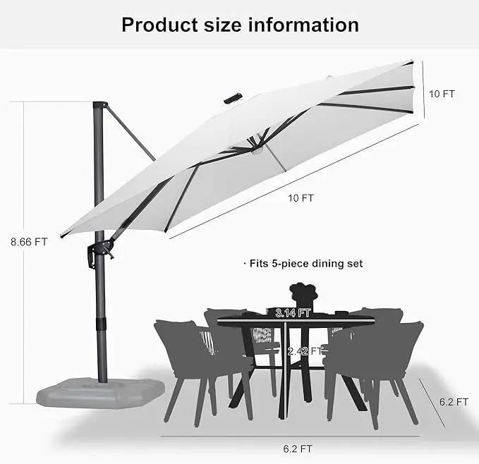 PURPLE LEAF 10 Feet Patio Umbrella with Base Outdoor Cantilever Solar Powered LED Square Umbrella Aluminum Offset Umbrella with 360-degree Rotation for Garden Deck Pool Patio White by GreenHaven Gardens