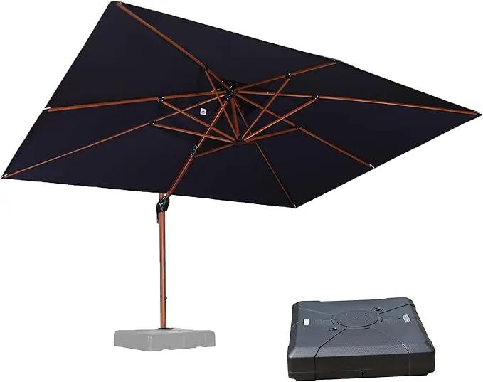 PURPLE LEAF 10' X 13' Double Top Deluxe Wood Pattern Rectangle Patio Umbrella with Base Offset Hanging Umbrella Outdoor Market Umbrella Garden Umbrella, Navy Blue by GreenHaven Gardens