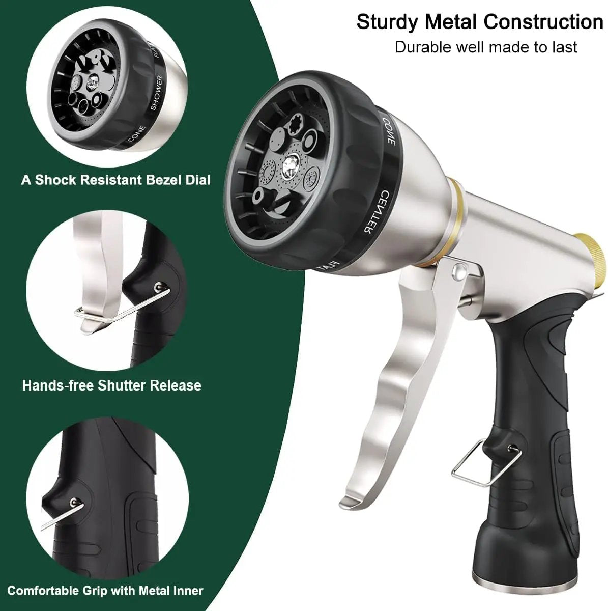 FANHAO Garden Hose Nozzle, 100% Heavy Duty Metal Water Hose Nozzle Sprayer with 7 Spray Patterns, High Pressure Hand Sprayer with Ergonomic Handle for Watering Plants & Lawns, Washing Cars & Pets by GreenHaven Gardens