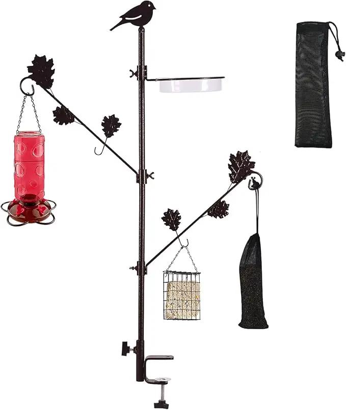 Urban Deco Deck Pole Porch Multi-Hook Bird Feeder Hooks for Deck Kit with Feeder Polyester and with 2 Adjustable Branches and Plastic Water Bowl by GreenHaven Gardens