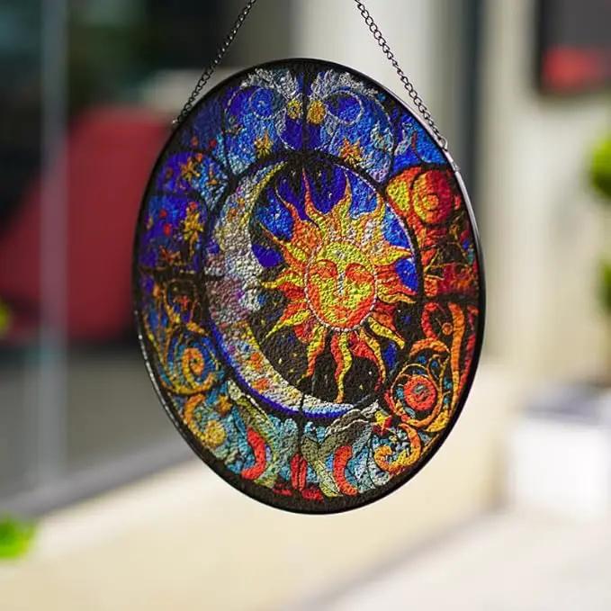 Stained Glass Suncatcher,Sun and Moon Artistic Window Hanging,7.8” Hand-Painted Glass Panel Wall Home Decor,Gift for Women Garden Decor Suncatcher (Sun and Moon), BL009 by GreenHaven Gardens